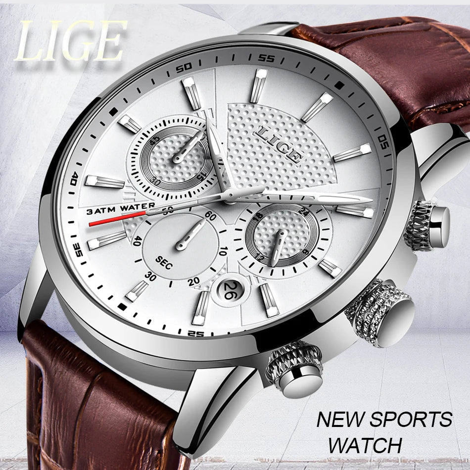 LIGE Watch Men Fashion Sports Quartz Clocks Mens Watches Top Brand Leather Military Waterproof Date Watch Relogio Masculino