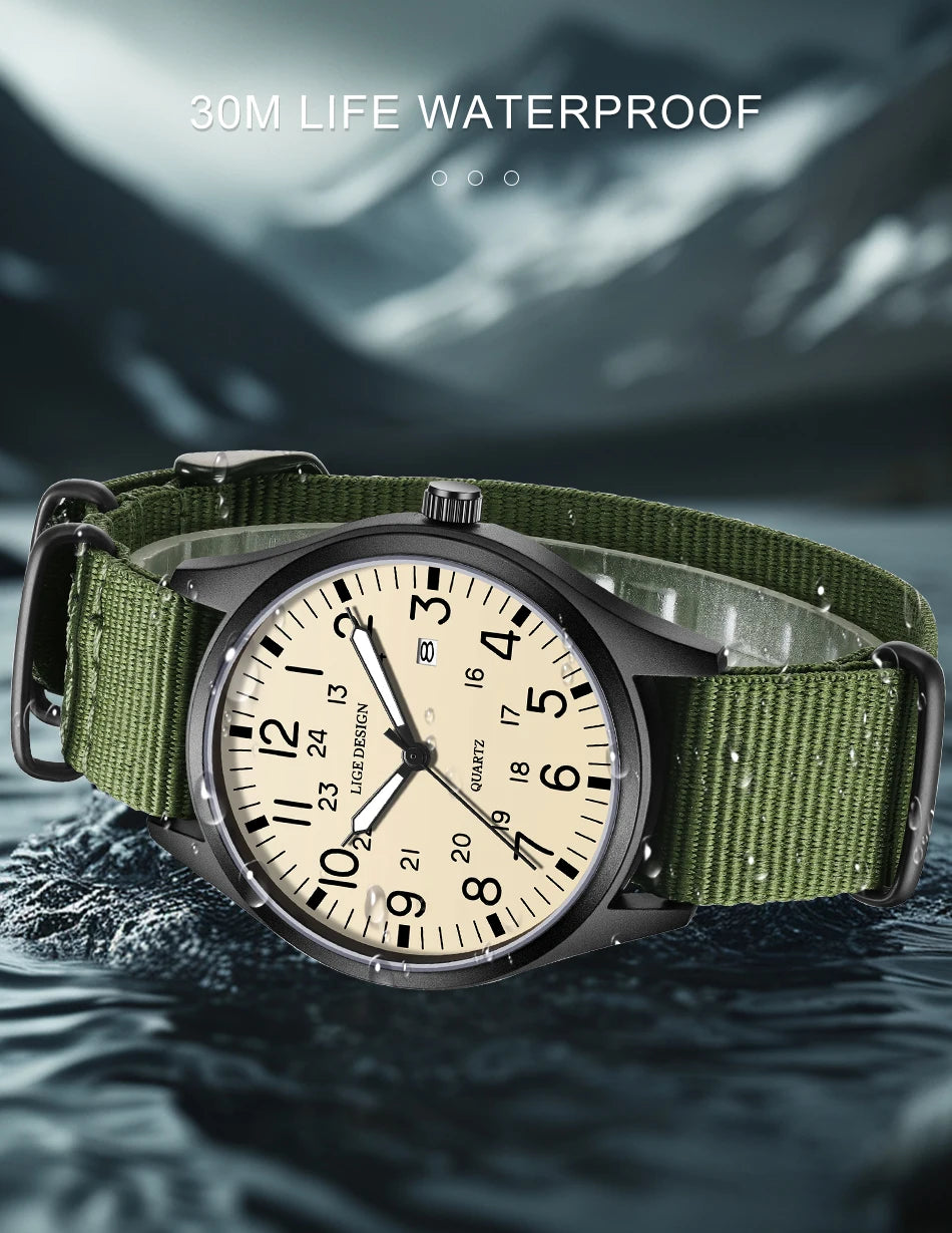 LIGE Original Top Quartz Watch Outdoor Sports Casual Simple Auto Date Clock Nylon Strap Waterproof Luminous Watches for Man Gift