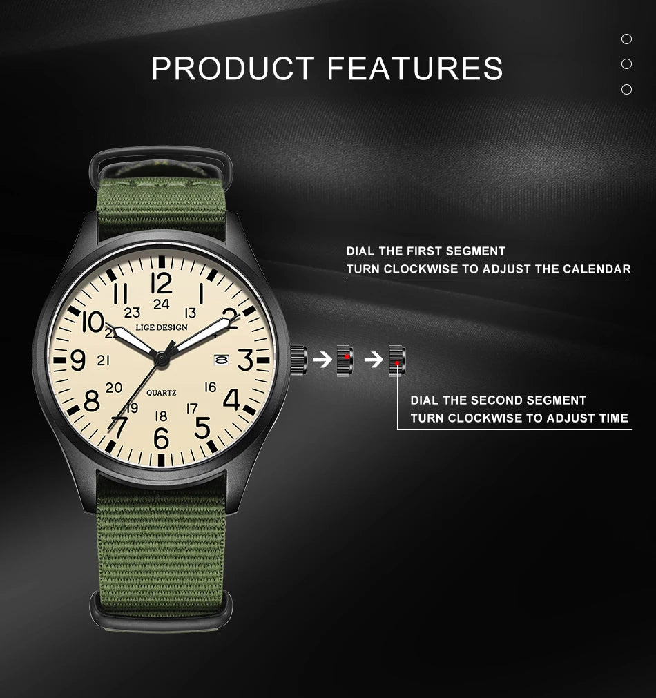 LIGE Original Top Quartz Watch Outdoor Sports Casual Simple Auto Date Clock Nylon Strap Waterproof Luminous Watches for Man Gift