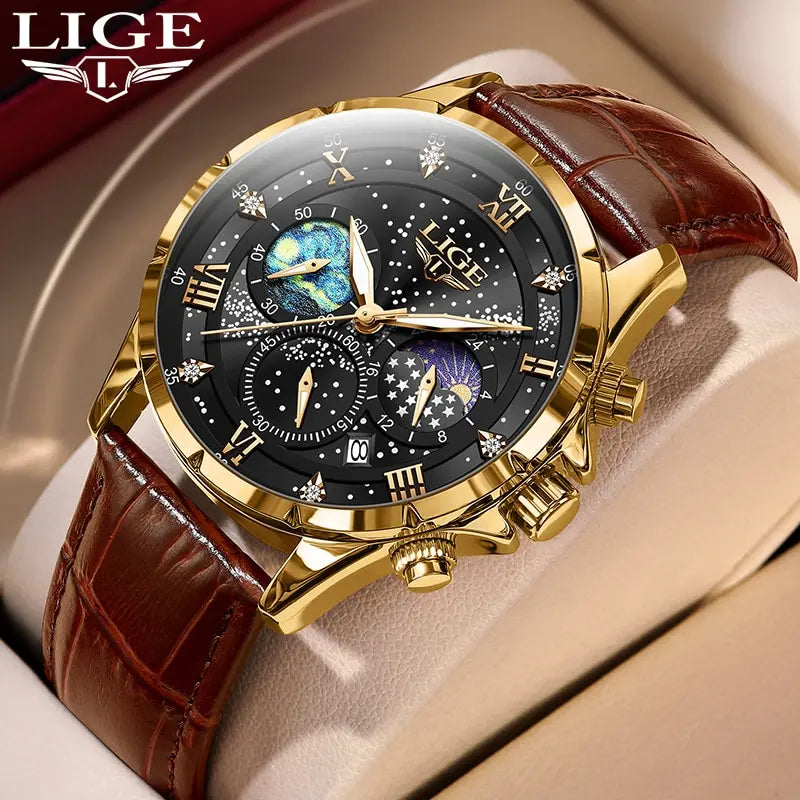 LIGE Top Luxury Brand Men Genuine Leather Sports Watches Men's Army Military Watch Male Date Quartz Clock Relogio Masculino