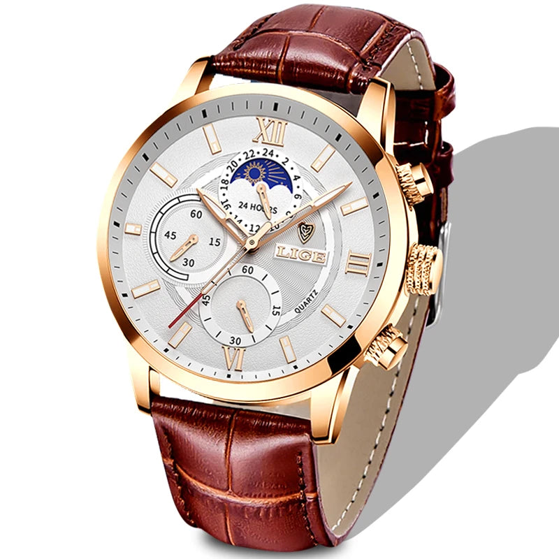 LIGE Watches UnisexTop Brand Luxury Clock Casual Leathe 24Hour Moon Phase Watch Sports Waterproof Quartz Chronograph+Box