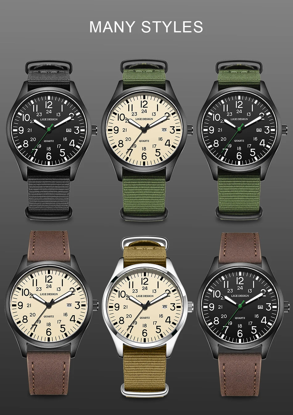 LIGE Original Top Quartz Watch Outdoor Sports Casual Simple Auto Date Clock Nylon Strap Waterproof Luminous Watches for Man Gift