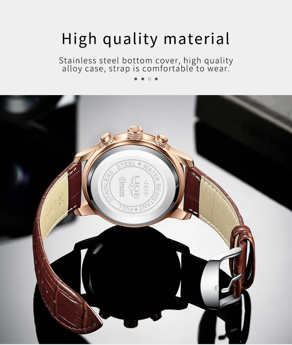 LIGE New Mens Watches Top Brand Luxury Brown Leather Casual Quartz Watch Men Sport Waterproof Clock Watch Relogio Masculino