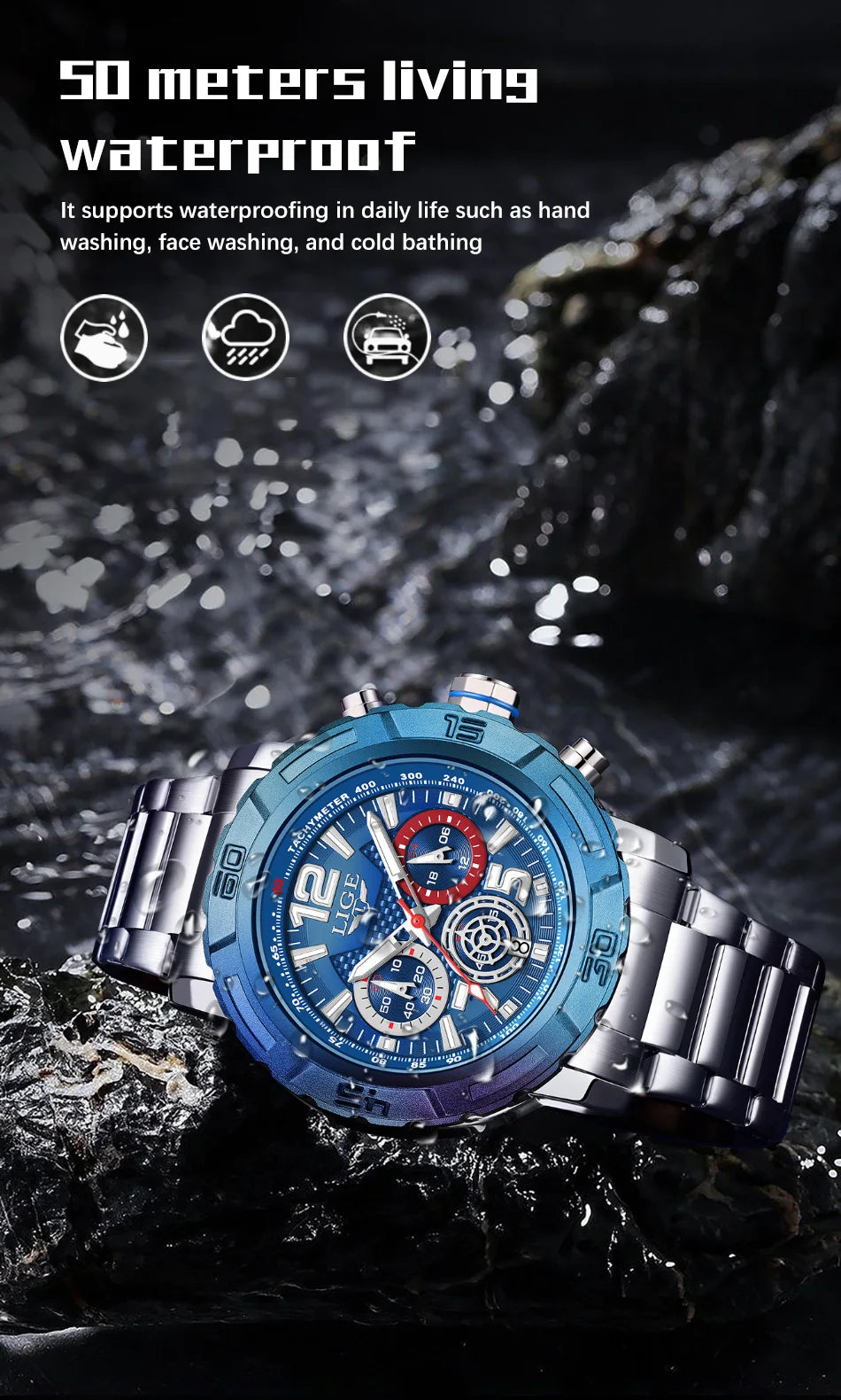 LIGE Fashion Luxury Watch for Men Top Brand Big Dial Waterproof Quartz Men's Watches Stainless Band Calendar Clocks Wristwatches