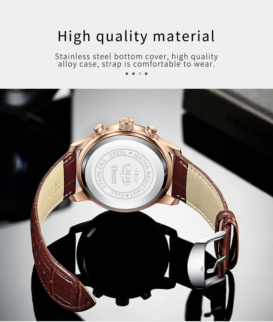 LIGE 2024 New Mens Watches Top Brand Luxury Brown Leather Casual Quartz Watch Men Sport Waterproof Clock Watch Relogio Masculino