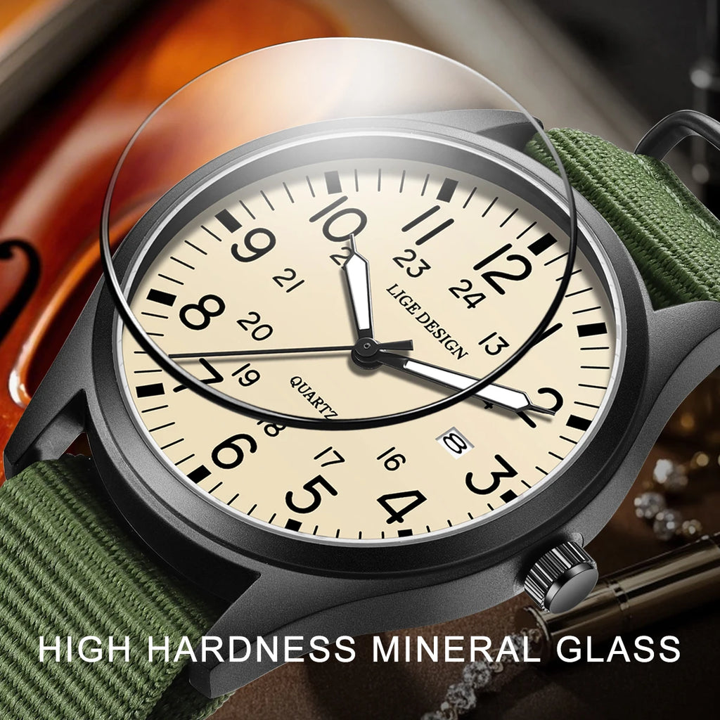 LIGE Original Top Quartz Watch Outdoor Sports Casual Simple Auto Date Clock Nylon Strap Waterproof Luminous Watches for Man Gift
