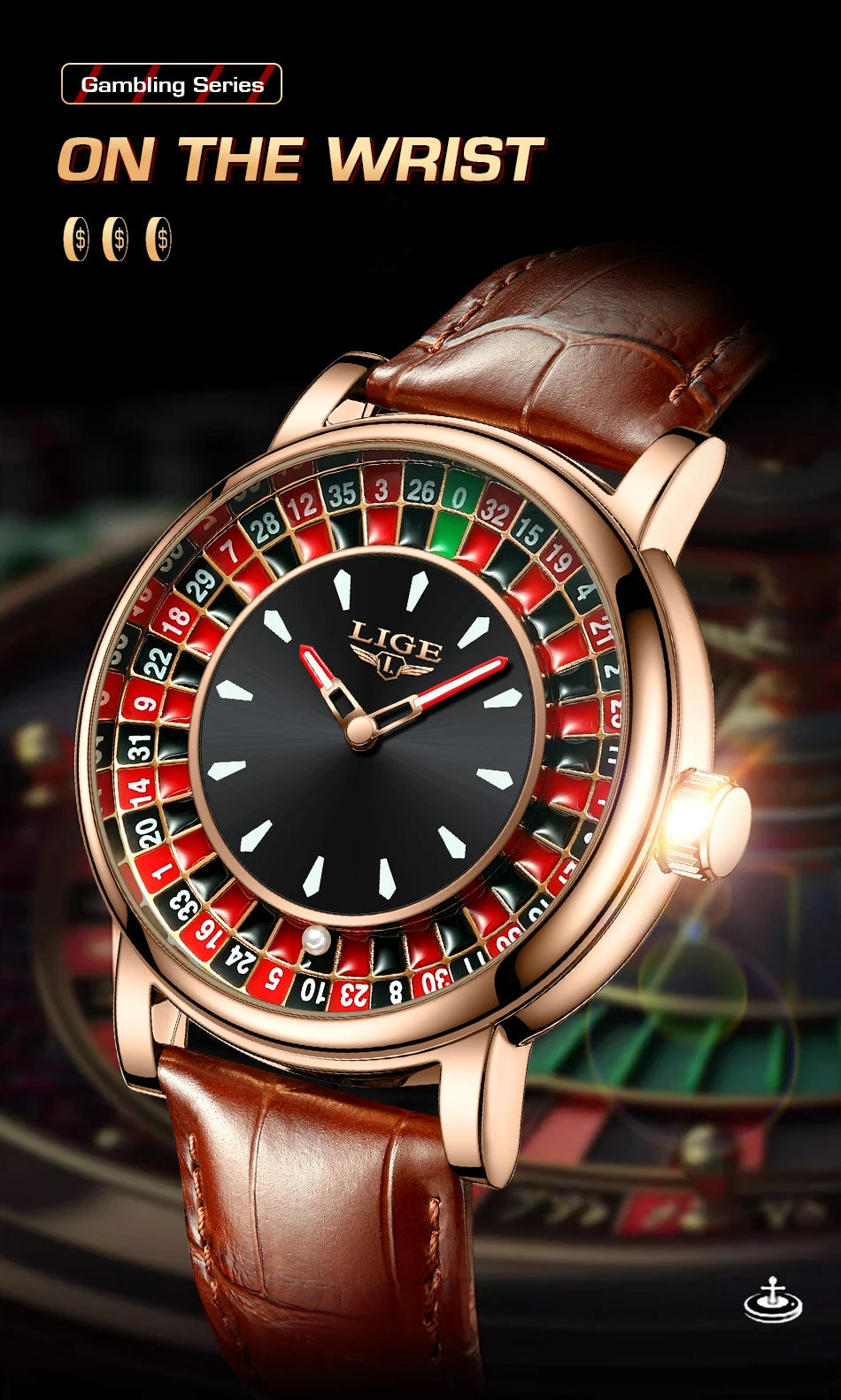 LIGE 2025 NEW mens watch Featured Dial Las Vegas Roulette Table Desk Theme waterproof quartz watches for men reloj hommes+BOX