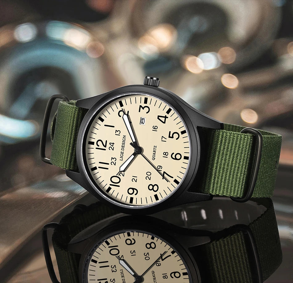 LIGE Original Top Quartz Watch Outdoor Sports Casual Simple Auto Date Clock Nylon Strap Waterproof Luminous Watches for Man Gift