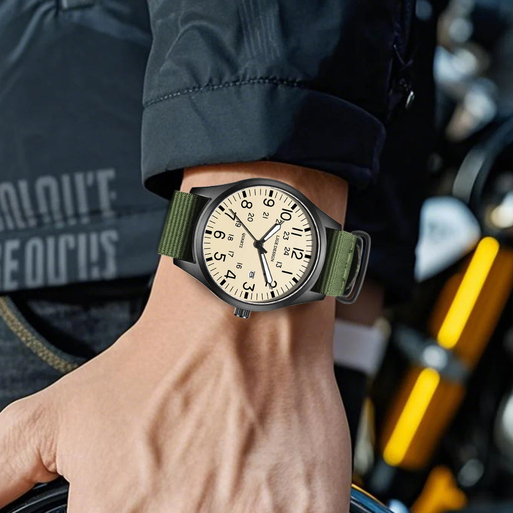 LIGE Original Top Quartz Watch Outdoor Sports Casual Simple Auto Date Clock Nylon Strap Waterproof Luminous Watches for Man Gift