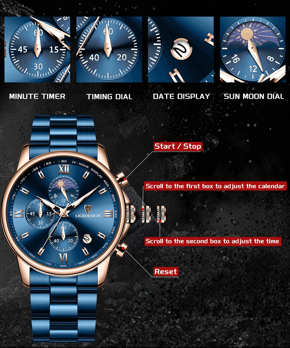 LIGE Band Luxury Watch for Man Quartz Sports Men Watch Waterproof Luminous Stainless Steel Chronograph Men's Watches Clock Reloj