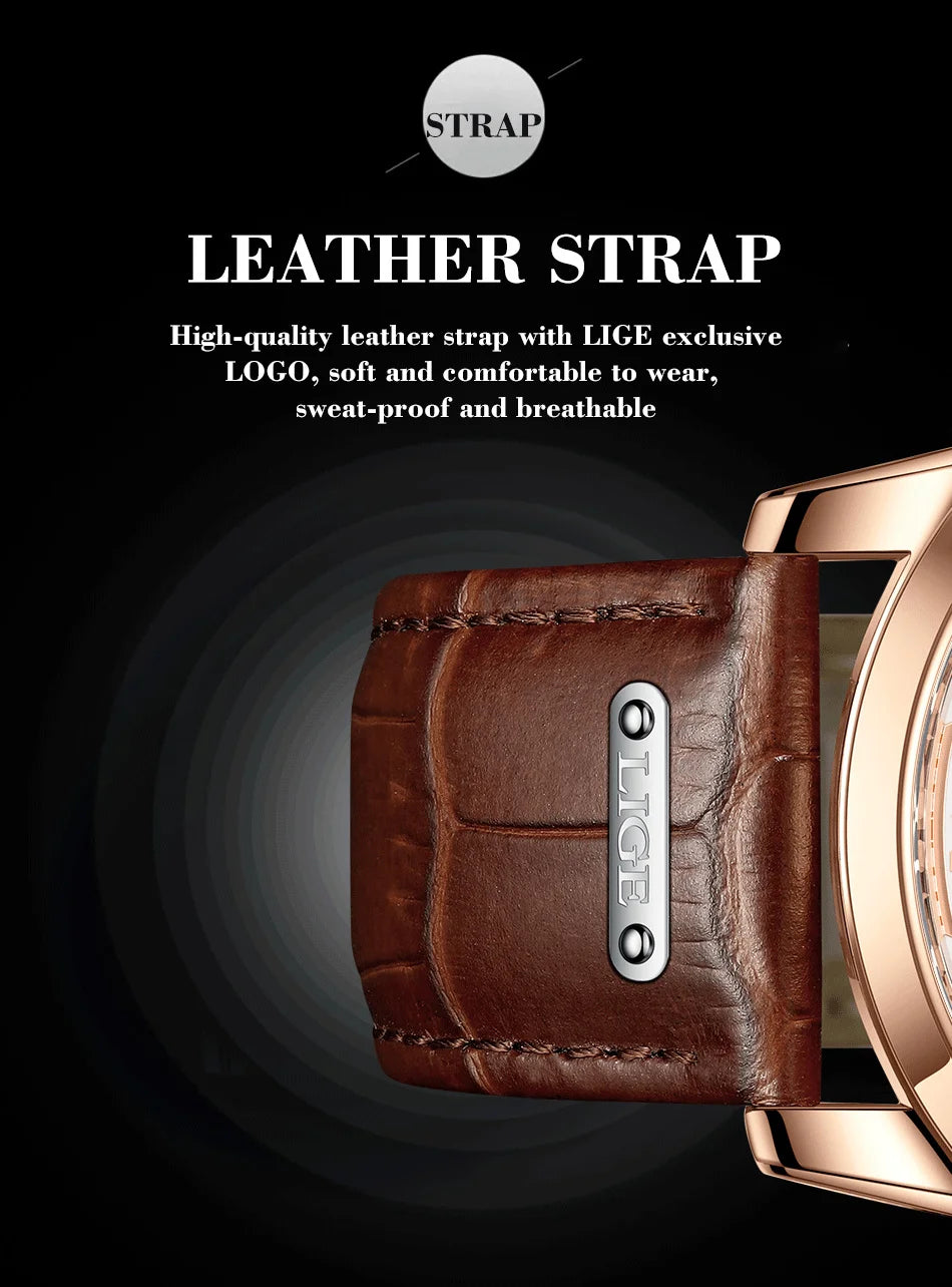 LIGE Brand Luxury Mens Watch Business Fashion Quartz Wristwatch Sport Waterproof Luminous Leather Strap Watches Men Reloj hombre