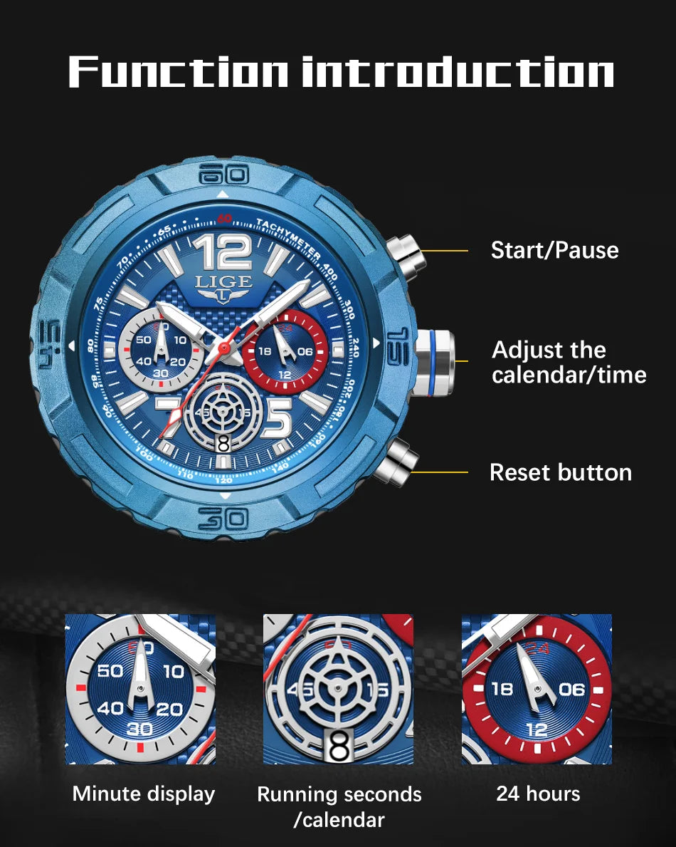 LIGE Fashion Luxury Watch for Men Top Brand Big Dial Waterproof Quartz Men's Watches Stainless Band Calendar Clocks Wristwatches