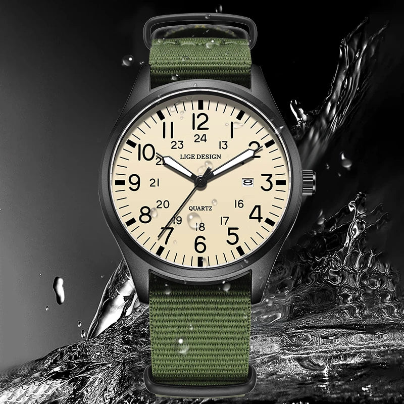 LIGE Original Top Quartz Watch Outdoor Sports Casual Simple Auto Date Clock Nylon Strap Waterproof Luminous Watches for Man Gift